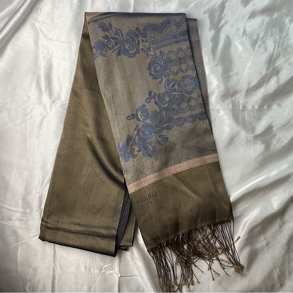 Unique self print Silk rectangle scarf with fringes.